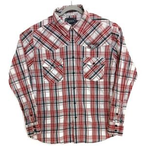 Cowboy Hardware Shirt Mens Medium Red Gray Plaid Western Pearl Snap Embroidered‎